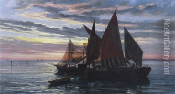 Venezia, Pescatori E Barche In Laguna Oil Painting - Pietro Gabrini