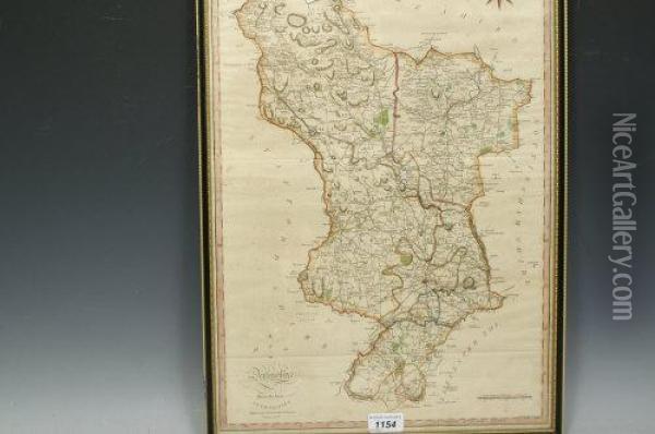 1805 Derbyshire Map,
 Hand Coloured, 52cm X 36cm Oil Painting - John Cary