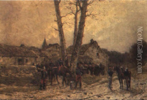 Prussian Soldiers On A Country Road Oil Painting - Wilfrid Constant Beauquesne