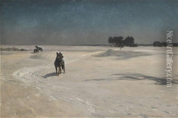 Vier Wolfe In Schneelandschaft Oil Painting - Alfred von Wierusz-Kowalski