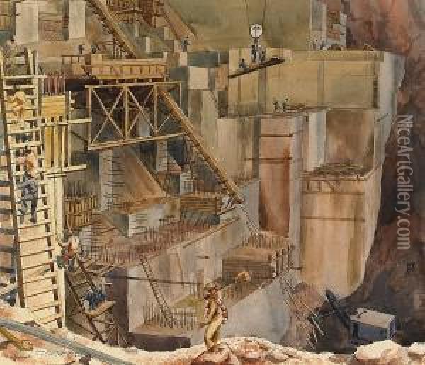Power House Abutments, Boulder Dam Oil Painting - Stanley Huber Wood