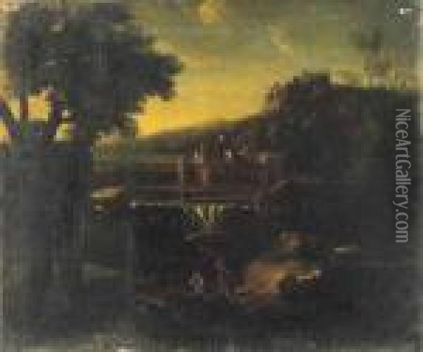 Paesaggio Laziale Con Borghi, Una Cascata E Due Astanti In Lontananza Oil Painting - Gaspard Dughet Poussin