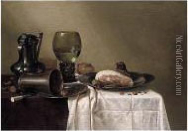 A Still Life Of A Pewter Kanne, A
 Roemer, An Overturned Silver Beaker Resting On A Pewter Plate And A Ham
 Upon Another Pewter Plate, All Upon A Table Covered In A Brown Cloth 
And Partly Draped With A White Cloth Oil Painting - Willem Claesz. Heda
