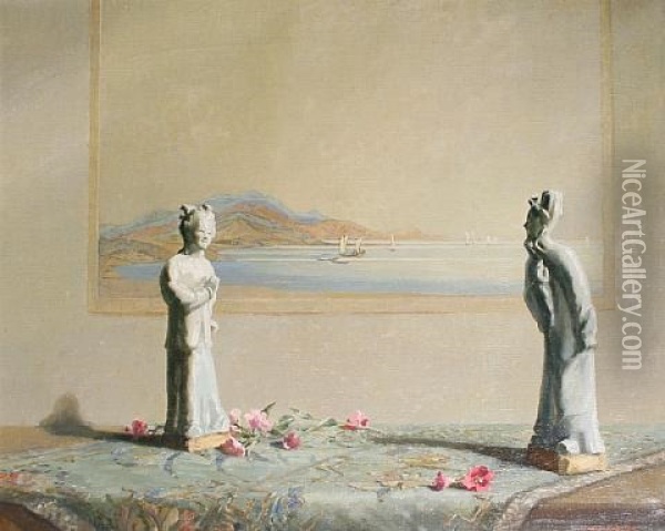 Oriental Figurines On A Table With Painting Behind Oil Painting - Freda Marston