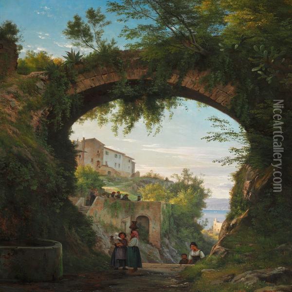 Italians Under An Aqueduct In A High-lying Town At A Lake Oil Painting - Carl Frederick Aagaard