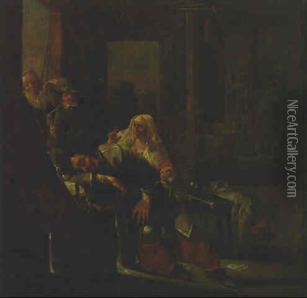 A Soldier Sleeping In A Guardsroom, With Other Figures Nearby Oil Painting - Jacob Duck
