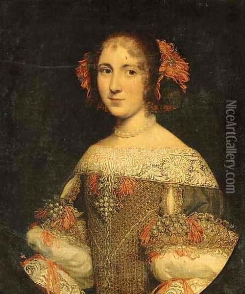 Portrait of a young lady, three-quarter-length, in an embroidered and jeweled dress with pink ribbons in her hair Oil Painting - Pier Francesco Cittadini