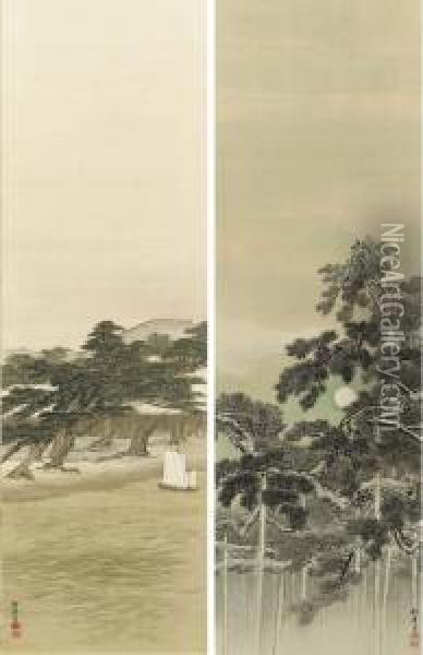 Karazaki Shogetsu Zu (karazaki Pine In Moonlight) Oil Painting - Suzuki Shonen