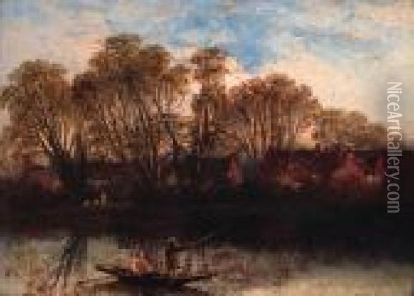 Fishing On A Tranquil River Oil Painting - William Pitt
