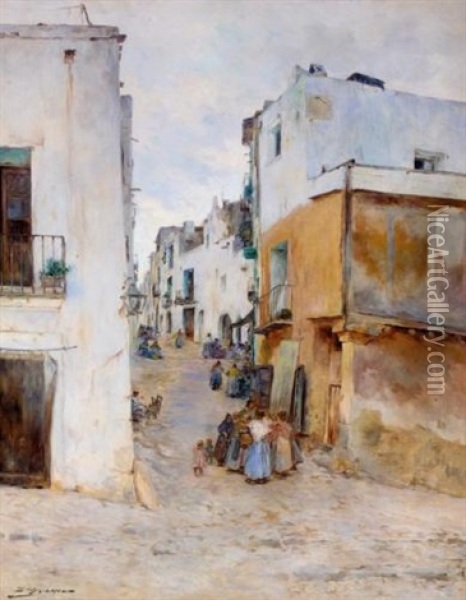 Pueblo Espanol (a Village Street) Oil Painting - Luis Graner y Arrufi