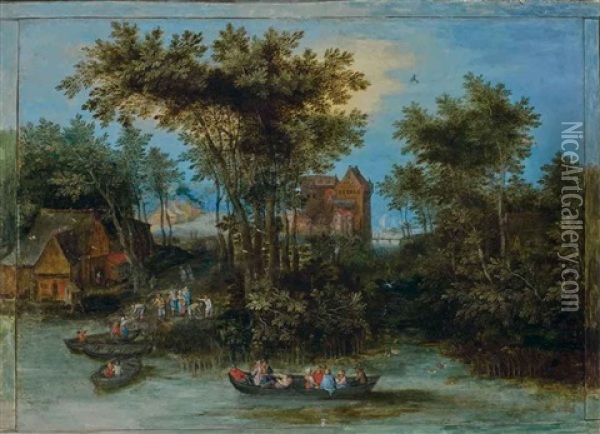 Personnages Embarquant Sur Une Riviere, Des Habitations A L'arriere-plan Oil Painting - Jan Peeter Brueghel