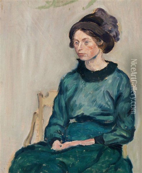 Ung Dame I Gron Kjole (young Lady In A Green Dress) - Portrait Of Else Sandholt Oil Painting - Harald Giersing