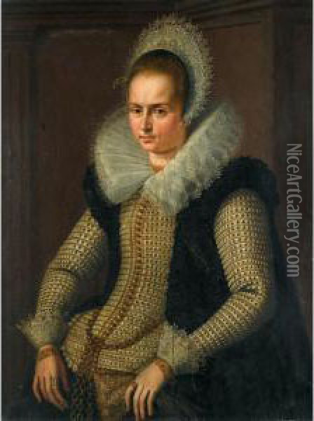 Portrait Of Lady, Half Length, Wearing A Black And Gold Dress With A Broad White Lace Collar Oil Painting - Hieronymus Van Kessel