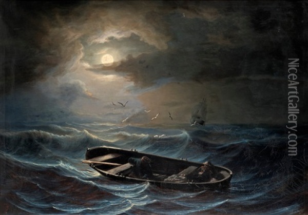 Marin Med Figurer Pa Stormande Hav Oil Painting - Niels Johan Blommer