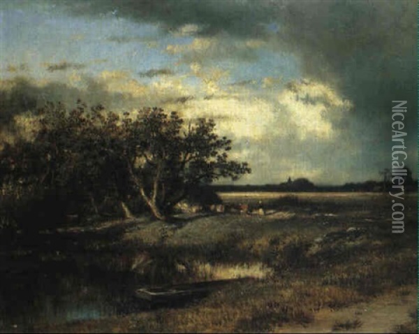Regenwolken Uber Einer Franzosischen Teichlandschaft Oil Painting - Jules Dupre