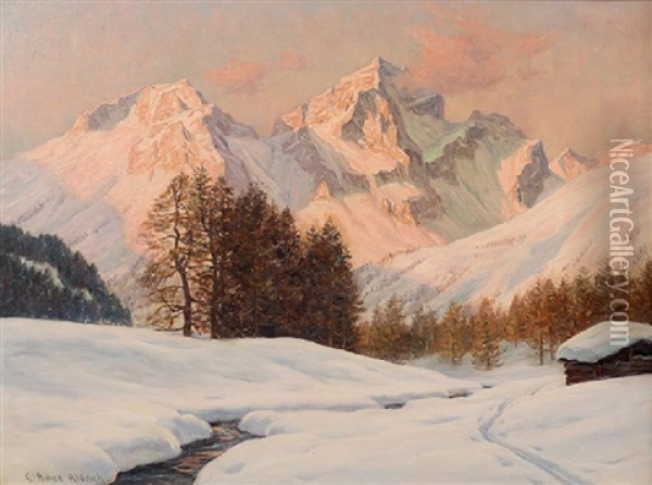 Mountain Snow Scene With Cabin Oil Painting - George Ames Aldrich
