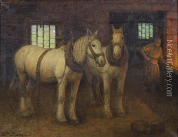Two White Horses In The Blacksmith's Shop Oil Painting - William Barr