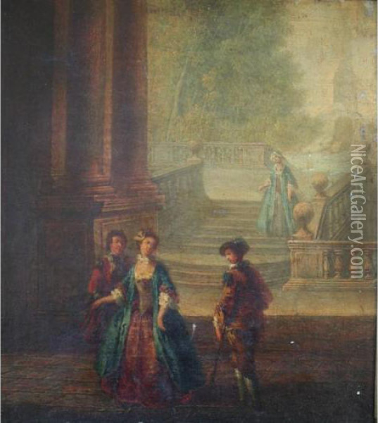 Elegant Company In A Colonnade Oil Painting - Jean-Baptiste Huet I