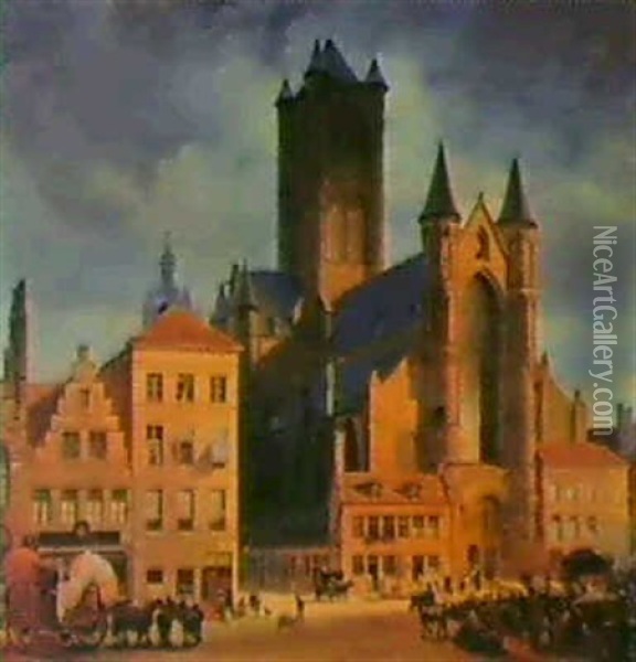 Der Marktplatz Mit Der Nikolaikirche In Gent Oil Painting - Johann Philipp Eduard Gaertner