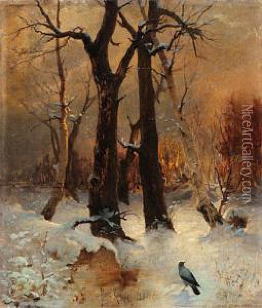 Pejzaz Zimowy Z Wrona, 1884 (?) Oil Painting - Iulii Iul'evich (Julius) Klever