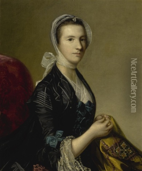 Portrait Of Mrs. Jubb, Half Length, Embroidering A Tapestry Oil Painting - Joshua Reynolds