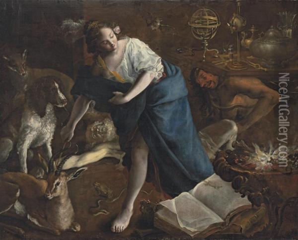 A Sorceress Oil Painting - Domenico Guidobono