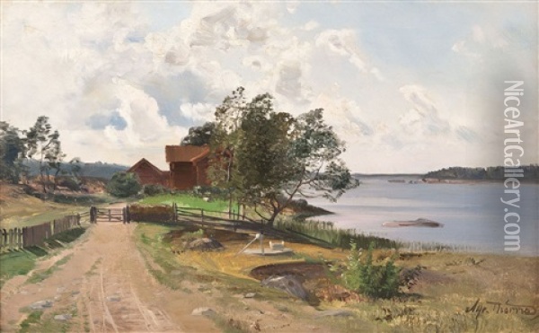 Schwedischer Bauernhof In Sommerlicher Fluslandschaft Oil Painting - Alfred Thoerne