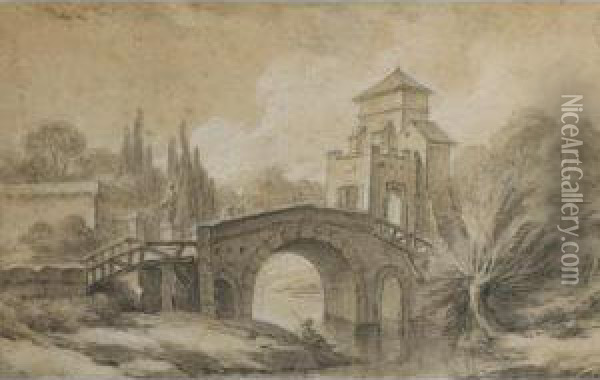 Paysage Au Pont [ ; Landscape With Bridge ; Black Chalk, Heightened With White Chalk] Oil Painting - Charles Michel-Ange Challe