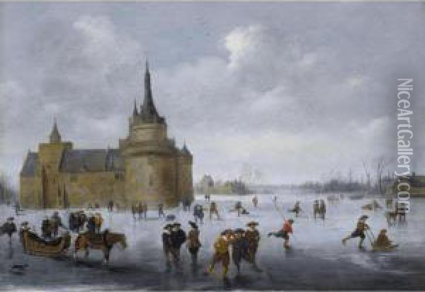 Skaters On A Frozen Lake Near A Castle Oil Painting - Verstraelen Anthonie
