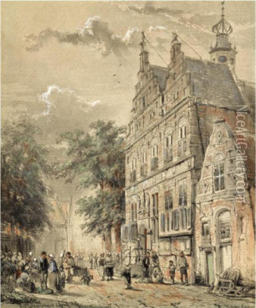 Many Figures In Front Of The Townhall, Naarden Oil Painting - Cornelis Springer
