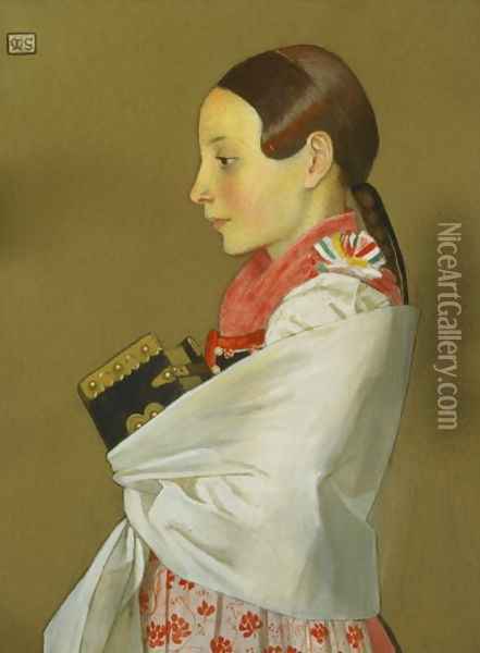 Young Girl of Menguszfalva going to Church, c.1905-07 Oil Painting - Marianne Preindelsberger Stokes