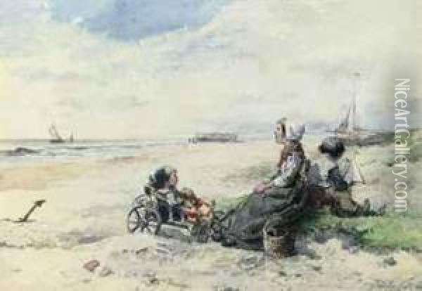 A Mother With Her Children On The Dutch Coast Oil Painting - Johan Mari Ten Kate
