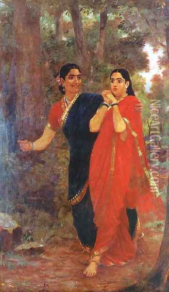 Droupathi and Simhika Oil Painting - Raja Ravi Varma
