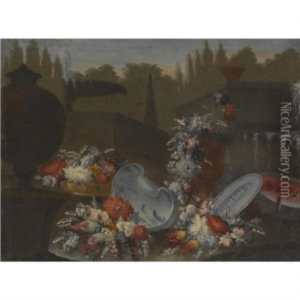Still Life In A Garden Setting With An Array Of Flowers Spilling From A Sculpted Urn And A Basket, Together With Some Blue And White Porcelain Dishes And Half A Watermelon Oil Painting - Gasparo Lopez