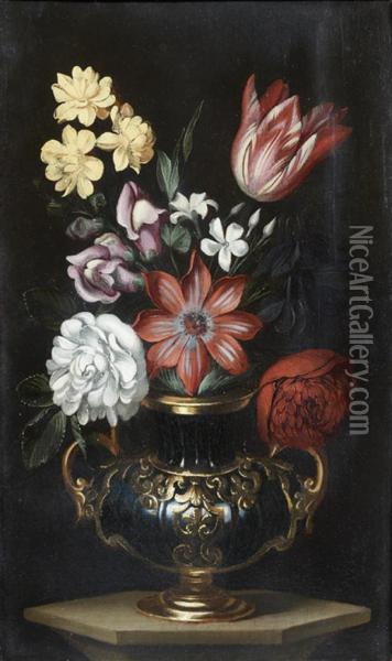 Bouquet De Fleurs Dans Un Vase Monte En Bronze Oil Painting - Bartolomeo Ligozzi
