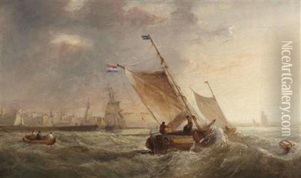Dutch Barges Off The Coast Oil Painting - John Wilson