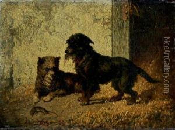 Two Terriers Outside A Barn Oil Painting - Vincent de Vos