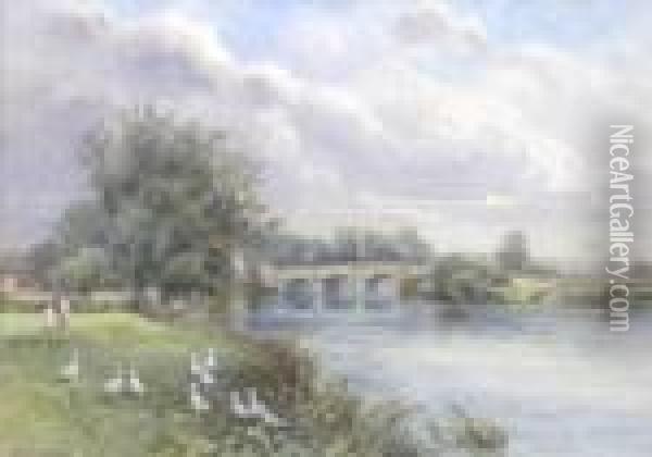 A Bridge Over The River Trent, With Figures And Ducks In Ameadow Oil Painting - Frank Gresley