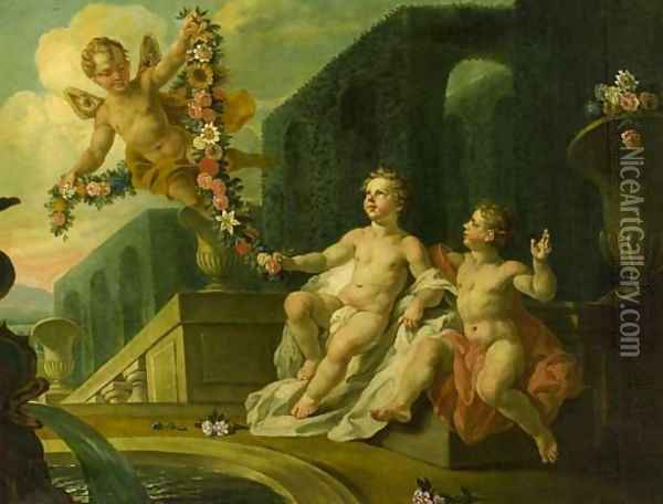 Putti desporting by a fountain in a classical garden Oil Painting - Dutch School