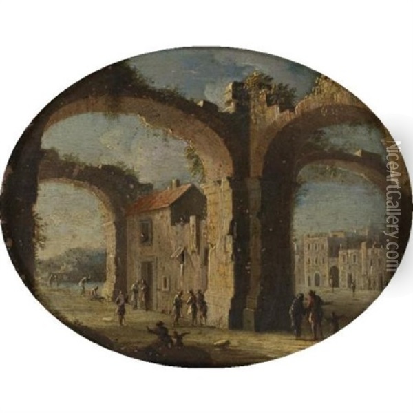 Architectual Capriccio With Figures Under Arches Oil Painting - Niccolo Codazzi