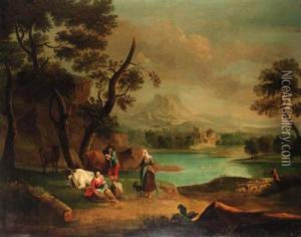 A Drover With Cattle And A Traveller Resting In A Riverlandscape Oil Painting - Rembrandt Van Rijn