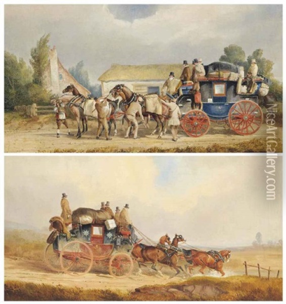 Changing Horses For The London Mail Coach; The Louth-london Royal Mail Coach (pair) Oil Painting - Charles Cooper Henderson