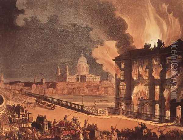 Fire at Albion Mill, Blackfrias Bridge, from Ackermanns Microcosm of London c.1808-11 Oil Painting - T. Rowlandson & A.C. Pugin