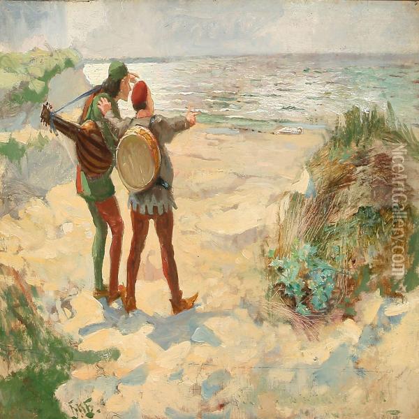 Coast Scene With Two Musicians Staring At The Sea Oil Painting - Hans Nikolaj Hansen