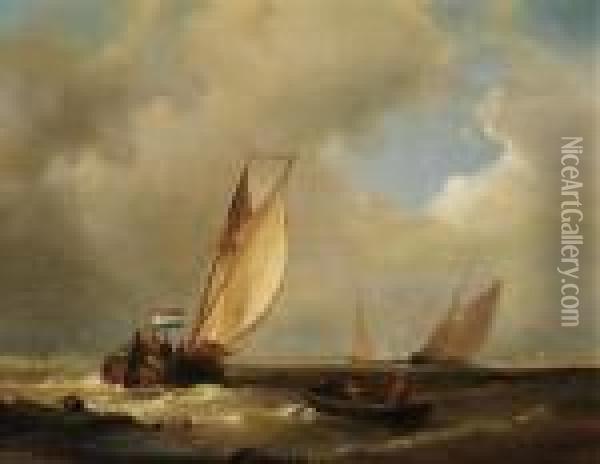 A Platbodem Sailing Under Dutch Flag Oil Painting - Abraham Hulk Jun.