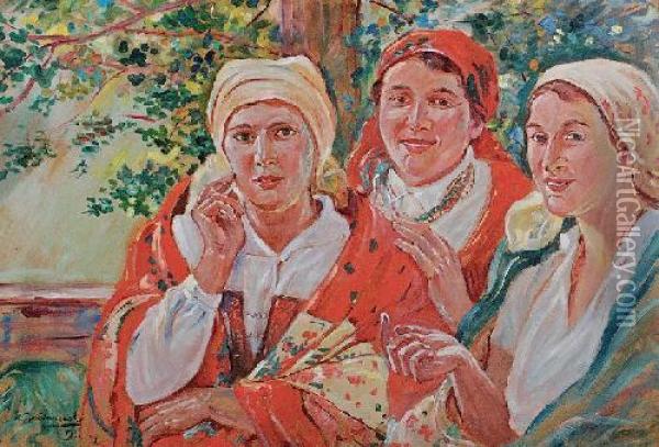 Trzy Panny Oil Painting - Wincenty Wodzinowski
