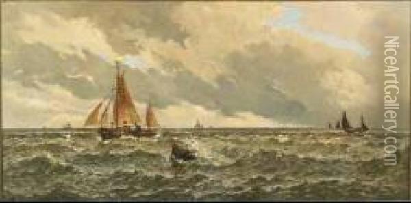 Fishing Boats In Choppy Seas Oil Painting - Charles Mottram