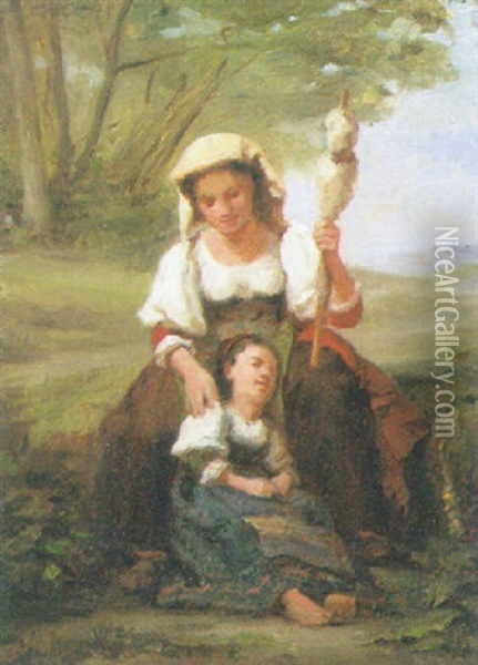 Jeune Femme Assise A La Quenouille Et Son Enfant Oil Painting - Charles Baptiste Schreiber