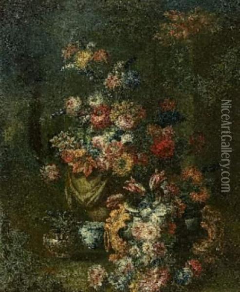 Bouquets De Fleurs Dans Des Vases En Pierre Et Bronze Oil Painting - Gasparo Lopez