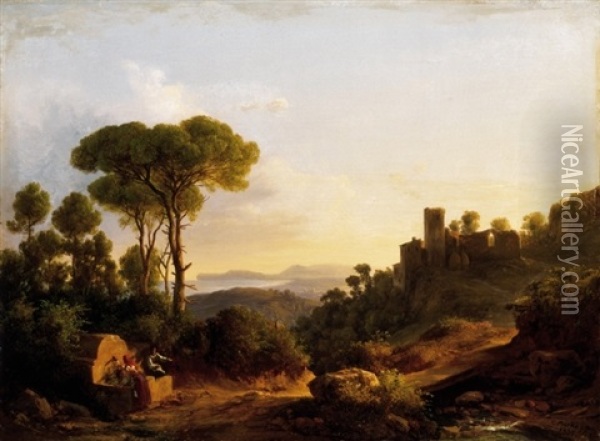 Italiai Taj Varrommal (italian Landscape With Ruins Of Castle) Oil Painting - Karoly Marko the Younger
